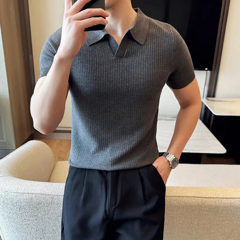 Men's Slim Fit Polo Collar Jacquard Knit Sweater - Beige, Gray, Brown  Black, Modern Base Layer for Casual & Formal Wear T-shirt