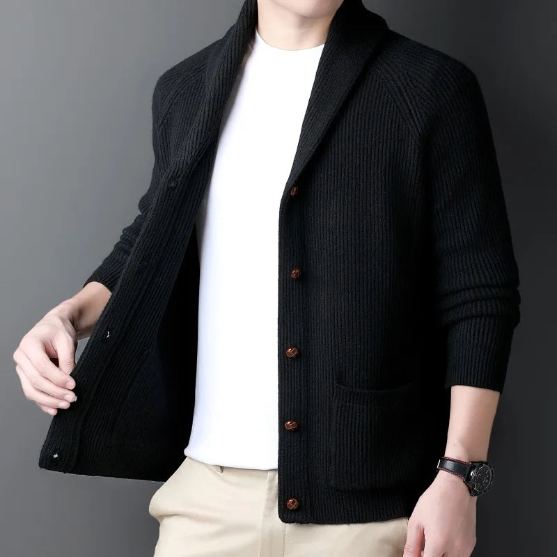 Fashion New Winter Men Knitted Luxury Buttons Cardigan Sweater Coat Long Sleeve Casual Streetwear Suit Collar Solid Vintage Coat