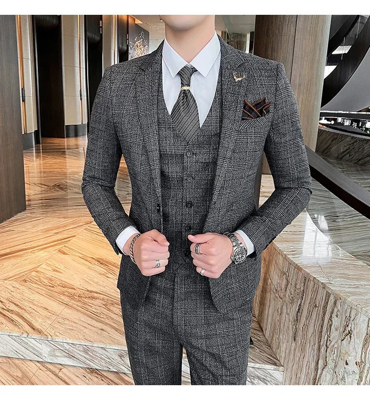 Men's Suit 3 Piece, Business Casual Jacket Vest with Trousers, Gray Dark Brown Slim Fit Suit, Asian Size M-5XL
