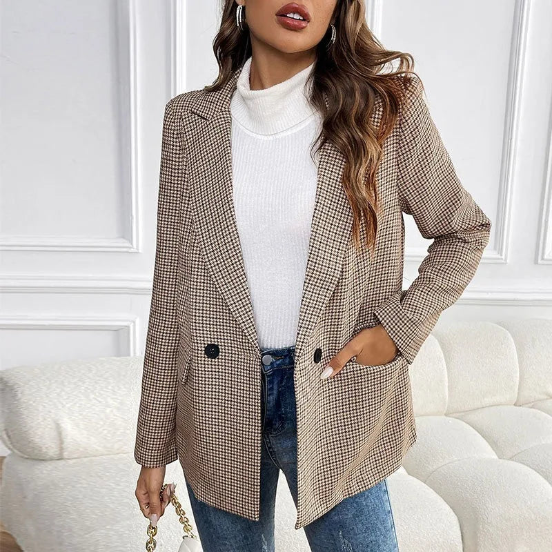Vintage Double Breasted Office Ladies Plaid Blazer 2025 Pockets Loose Houndstooth Retro Suit Coat Jacket Women Blazers Female