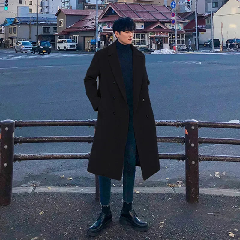 2024 Spring Medium Length Coat Men Fashion Woolen Trench Coats Korean Loose Casual Double Breasted Jackets