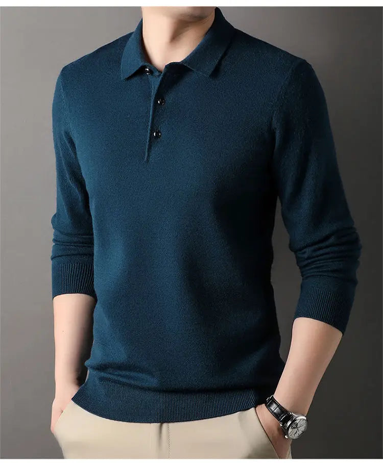 Male Polo Shirt Soft Lightweight Warm Knitted Luxury Simple Button Up Pullover 2025 Lapels Comfortable Business Sweater Clothing