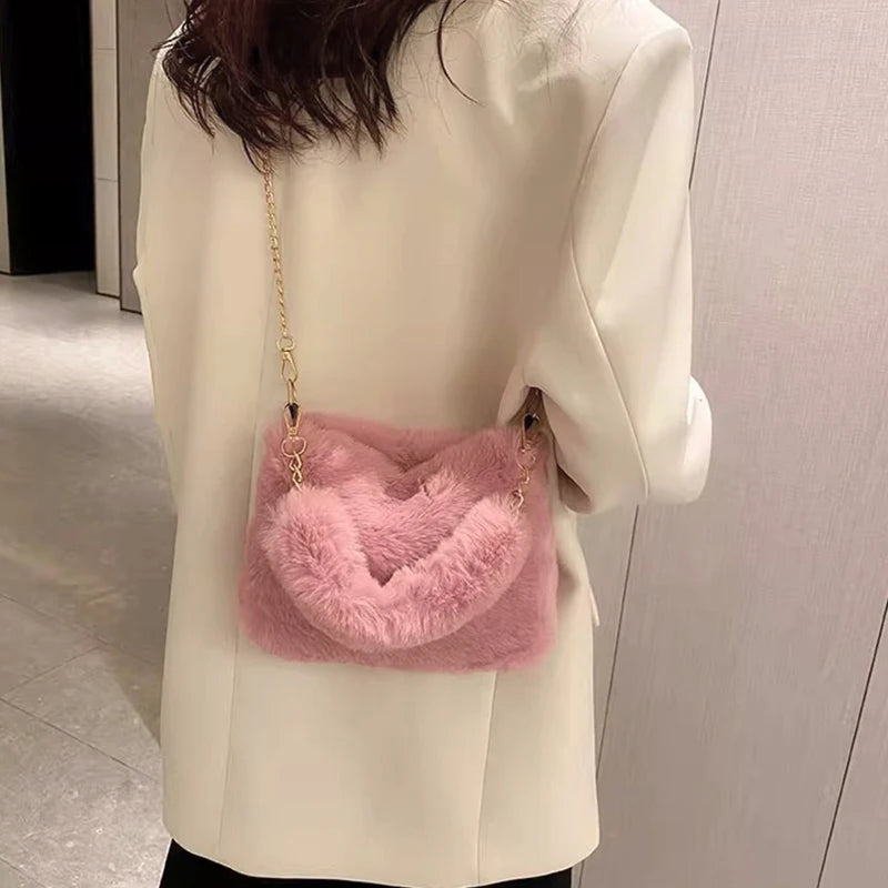 Plush Faux Fur Tote Bag for Women Winter Shoulder Bag Casual Fluffy Crossbody Bags Fashion Chain Handbag Girls Soft Purse