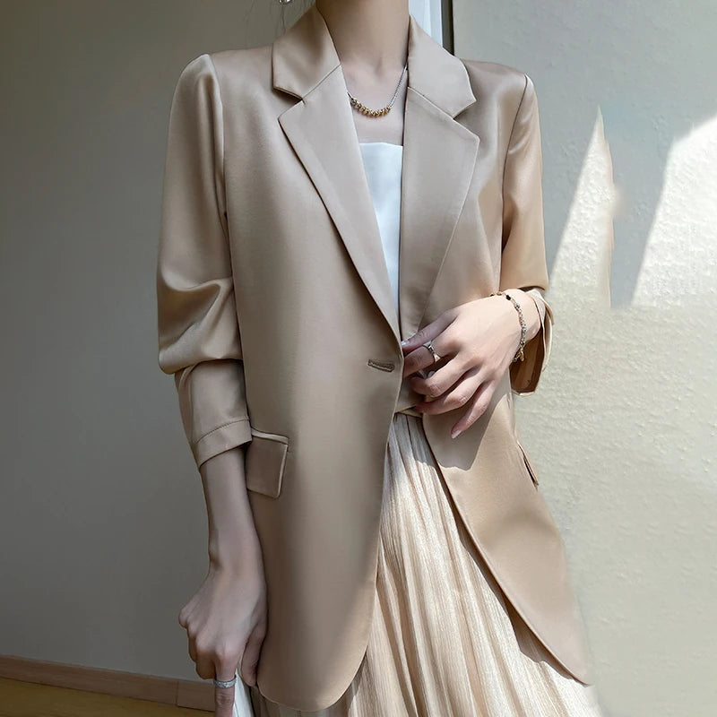 Women Blazers Spring Summer New Fashion Korean Silk Satin Suit V-neck Loose Top Jacket Single Button Suit Blazers Outerwear
