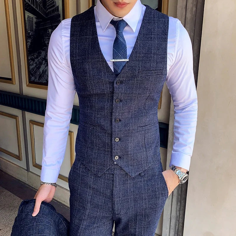 Men's Suit 3 Piece, Business Casual Jacket Vest with Trousers, Gray Dark Brown Slim Fit Suit, Asian Size M-5XL