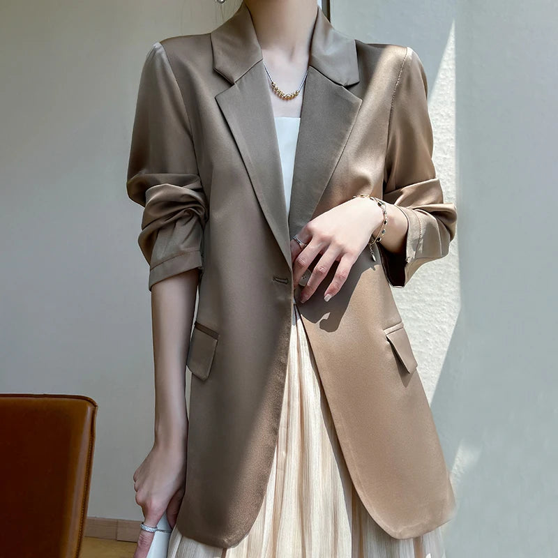 Women Blazers Spring Summer New Fashion Korean Silk Satin Suit V-neck Loose Top Jacket Single Button Suit Blazers Outerwear