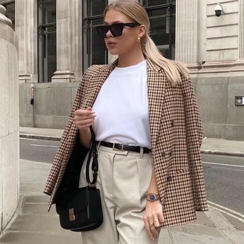 Elegant Plaid Long Sleeve Blazers Women 2025 Double Breasted Office Suit Jacket Woman Casual Turn Down Collar Outwear Lady
