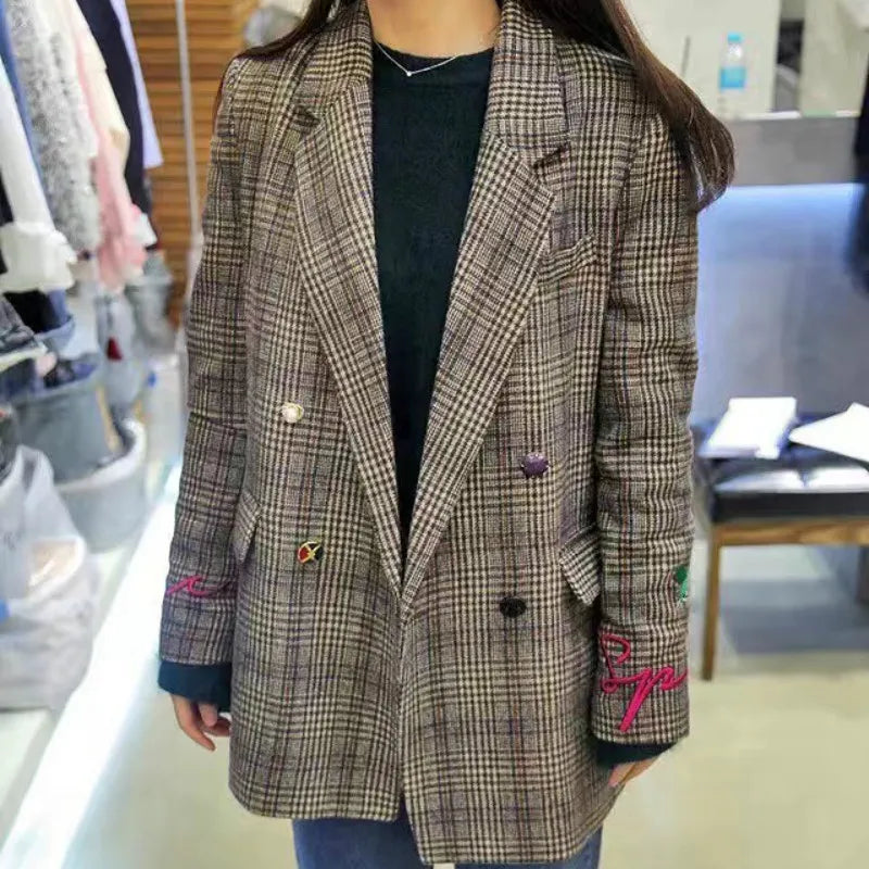 Retro Houndstooth Flower Embroidery Blazers Lapel Plaid Jacket OL Long Coat Woman Suits Loose Double-breasted Cardigan Tops