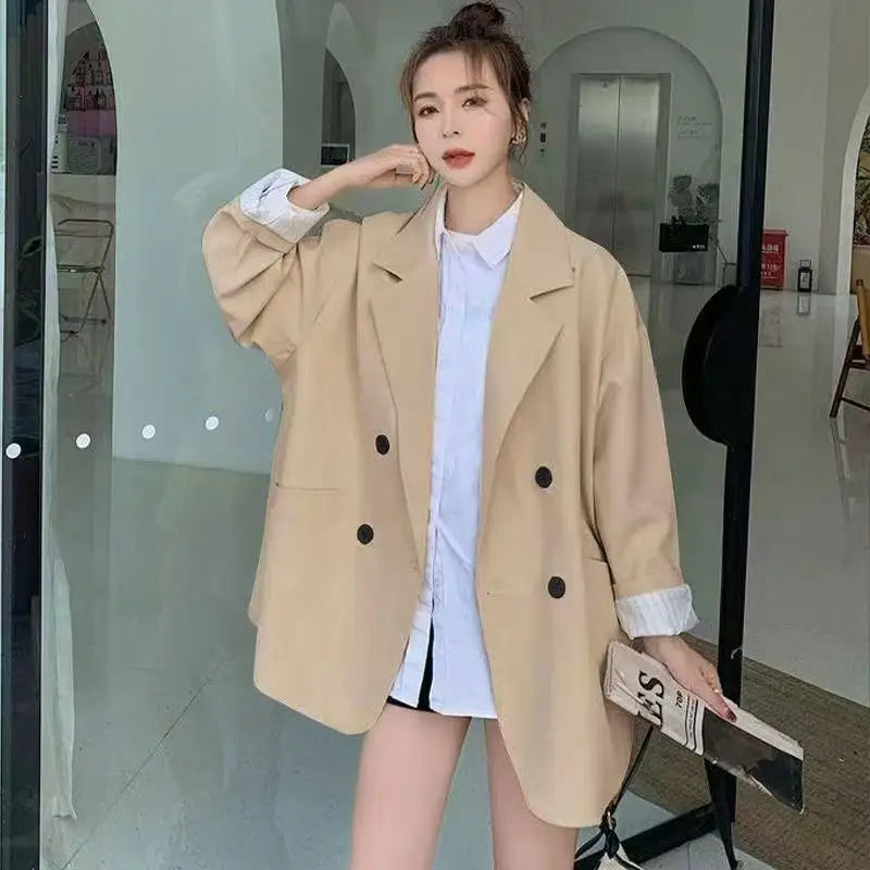 2025Autumn new vintage solid loose women suit  blazer  chic double breasted womenlong sleeve suit jackets clothes
