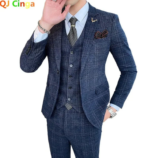 Men's Suit 3 Piece, Business Casual Jacket Vest with Trousers, Gray Dark Brown Slim Fit Suit, Asian Size M-5XL