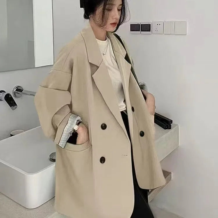 2025Autumn new vintage solid loose women suit  blazer  chic double breasted womenlong sleeve suit jackets clothes