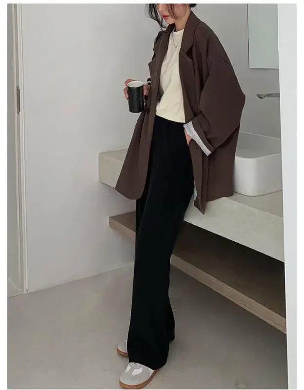 2025Autumn new vintage solid loose women suit  blazer  chic double breasted womenlong sleeve suit jackets clothes