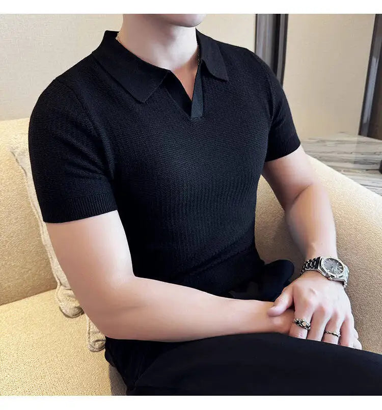 Men's Slim Fit Polo Collar Jacquard Knit Sweater - Beige, Gray, Brown  Black, Modern Base Layer for Casual & Formal Wear T-shirt