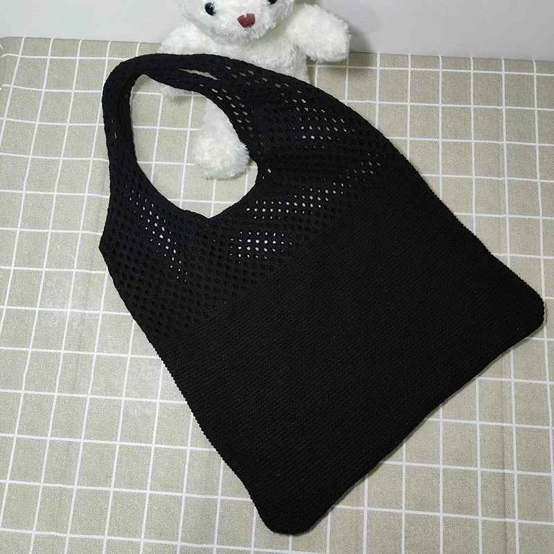 New Trend Women's Bag Crochet Handbag Retro Knitted Braid Solid Color Hollow Black Khaki Top-handle Tote Bag Shopper