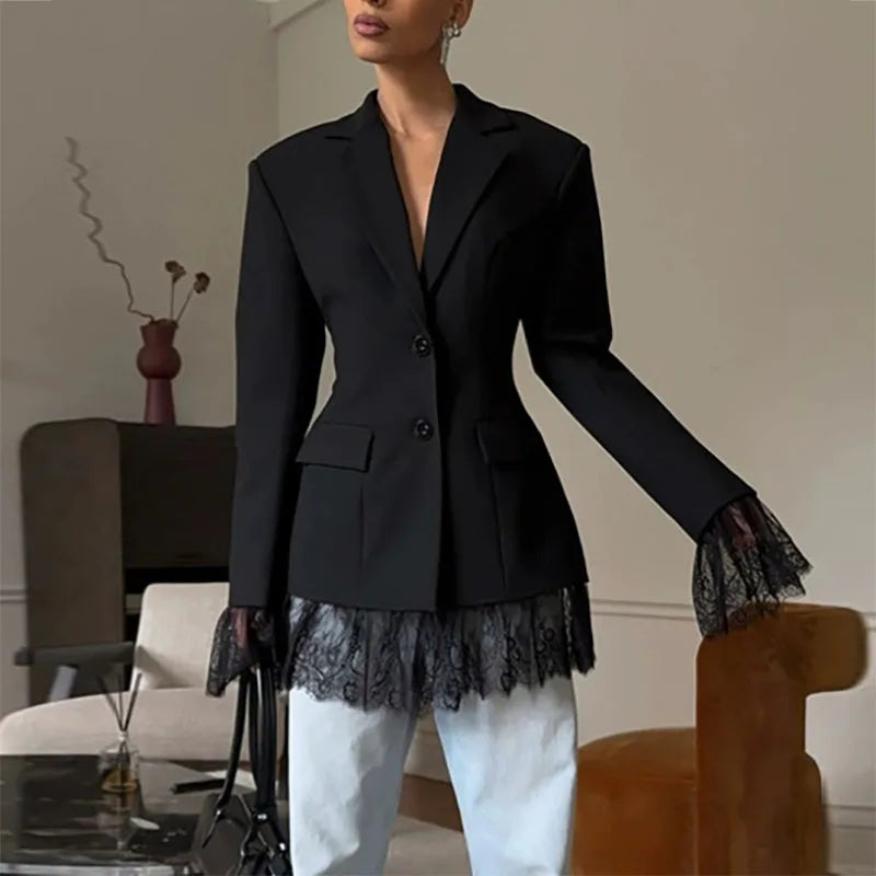 Autumn Black Lace Patchwork Blazer Coat Fashion Street Long Sleeved Women's Jacket Elegant Temperament Button Office Outerwear