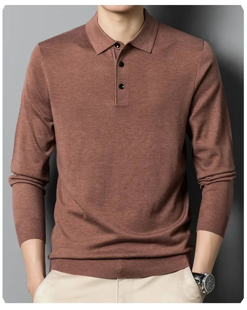 Men's Autumn Long-Sleeved Wool Blend Solid Color Polo Pullover Sweater with Lapel, Casual Bottoming Sweater -Sizes M-4XL