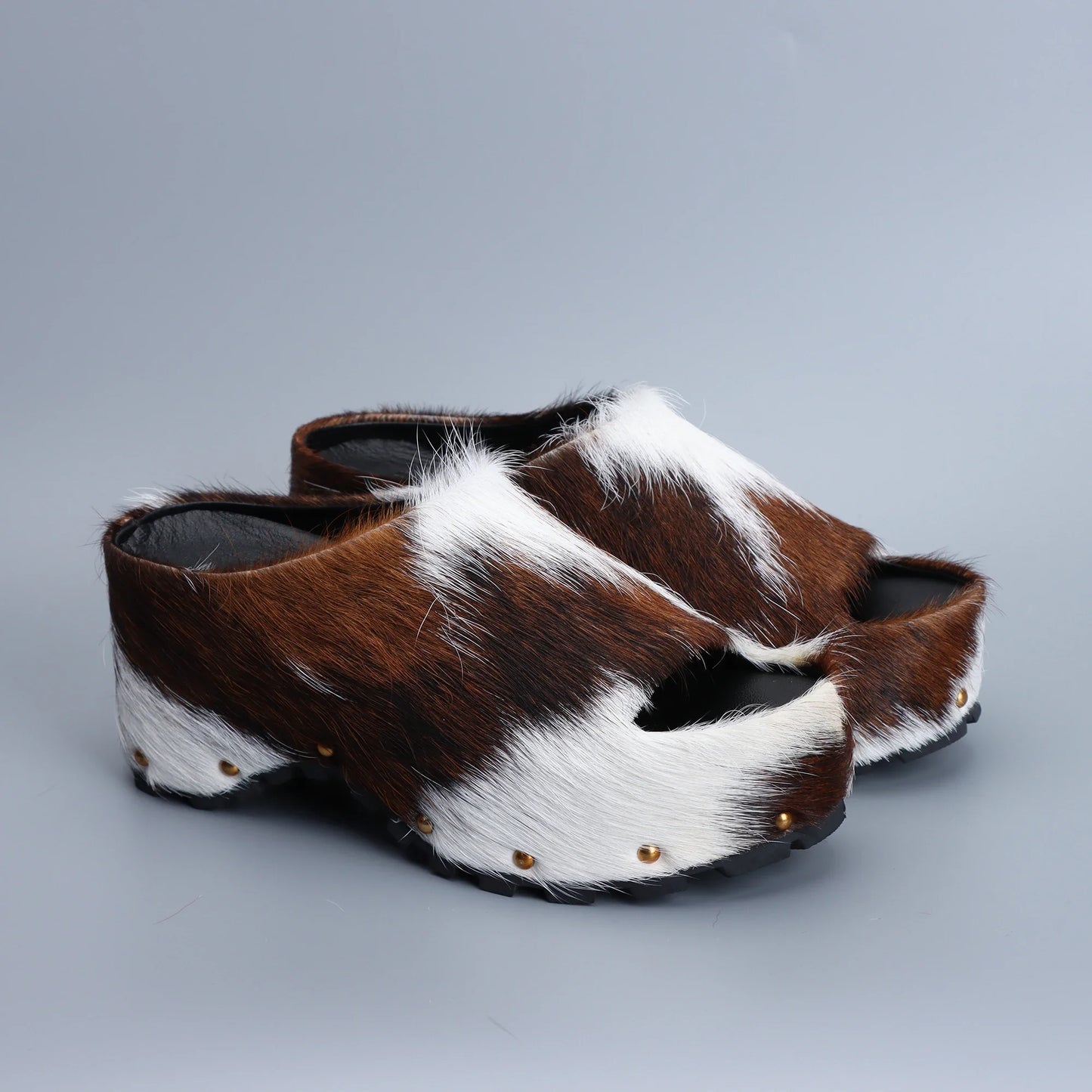 2025 Women Designer Luxury Platform Mules Real Calf Hair Leather Lined Slip On Clogs Slides Sandals Summer Fashion Comfort Shoes