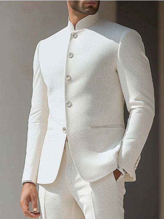 Men's Business Casual Suit Handsome Solid Color Wedding Match Blazer Fashion Chinese Stand Collar Slim Fit Dress Coat
