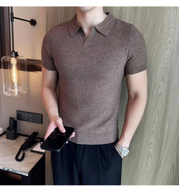 Men's Slim Fit Polo Collar Jacquard Knit Sweater - Beige, Gray, Brown  Black, Modern Base Layer for Casual & Formal Wear T-shirt