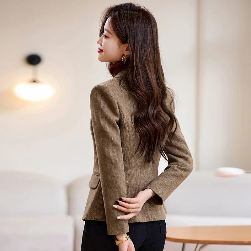 NAVIU Fashion Women Blazer Ladiess Gray Brown Wool Solid Long Sleeve Female Business Work Wear Slim Formal Jacket For Spring