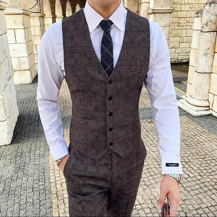Men's Suit 3 Piece, Business Casual Jacket Vest with Trousers, Gray Dark Brown Slim Fit Suit, Asian Size M-5XL