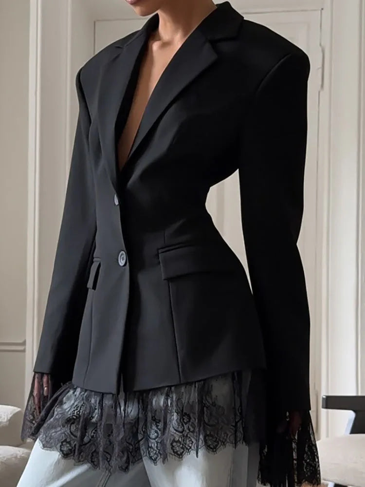 Autumn Black Lace Patchwork Blazer Coat Fashion Street Long Sleeved Women's Jacket Elegant Temperament Button Office Outerwear