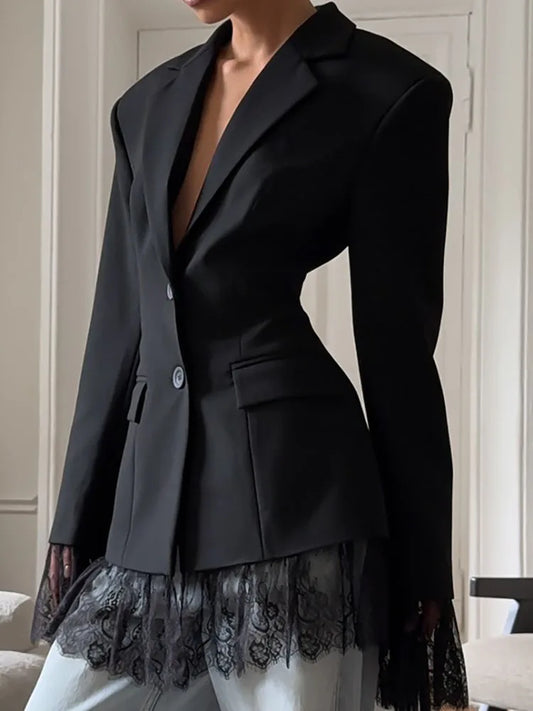 Autumn Black Lace Patchwork Blazer Coat Fashion Street Long Sleeved Women's Jacket Elegant Temperament Button Office Outerwear