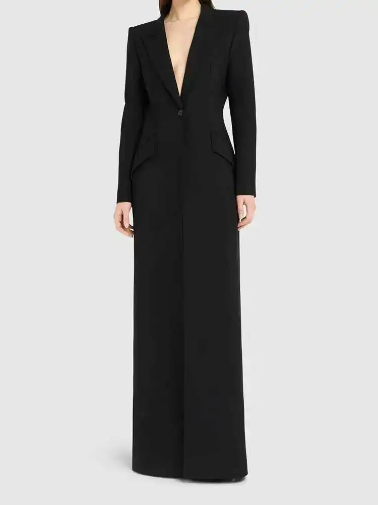 EAM Women Black Single Button X-Long Elegant Blazer New Lapel Long Sleeve Jacket Fashion Tide Spring Autumn 2025 31A0819