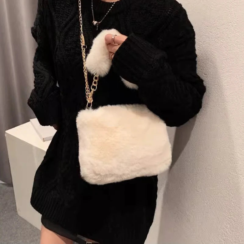 Plush Faux Fur Tote Bag for Women Winter Shoulder Bag Casual Fluffy Crossbody Bags Fashion Chain Handbag Girls Soft Purse