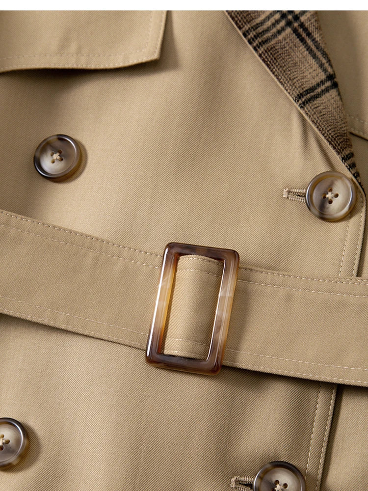 Khaki Plaid Trench Coat for Women Spring Short Loose Belted Jacket Long Sleeve Vintage Elegant Casual Outerwear