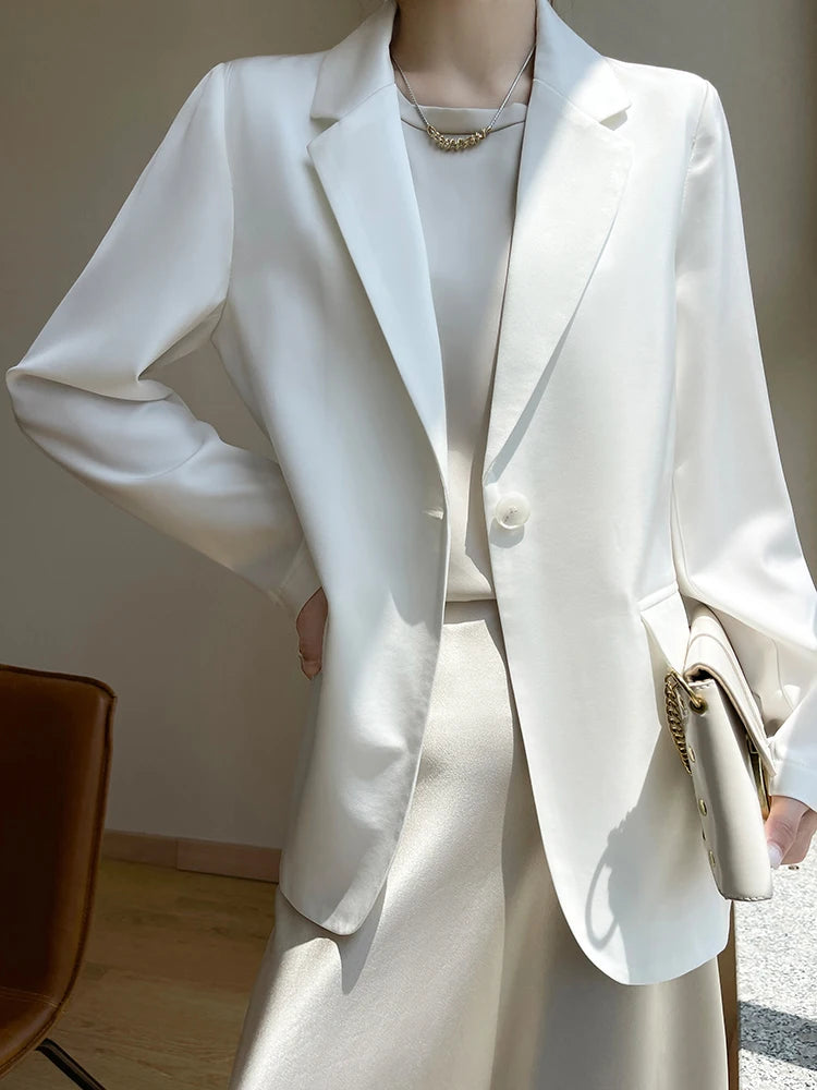 Women Blazers Spring Summer New Fashion Korean Silk Satin Suit V-neck Loose Top Jacket Single Button Suit Blazers Outerwear