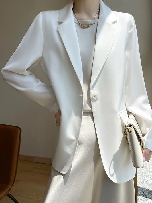 Women Blazers Spring Summer New Fashion Korean Silk Satin Suit V-neck Loose Top Jacket Single Button Suit Blazers Outerwear
