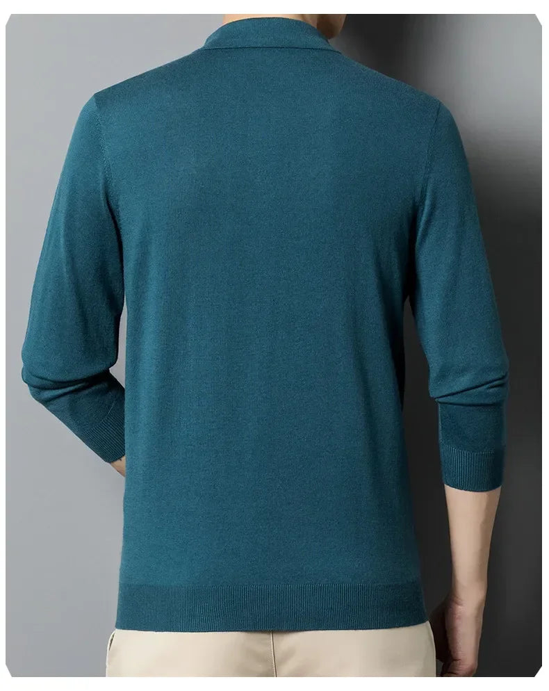 Men's Autumn Long-Sleeved Wool Blend Solid Color Polo Pullover Sweater with Lapel, Casual Bottoming Sweater -Sizes M-4XL