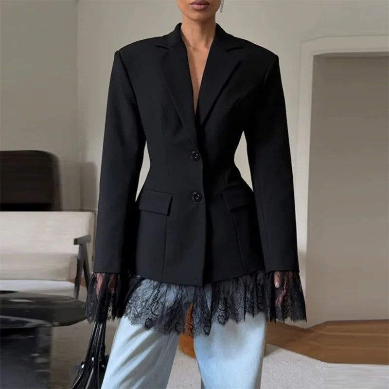 Autumn Black Lace Patchwork Blazer Coat Fashion Street Long Sleeved Women's Jacket Elegant Temperament Button Office Outerwear