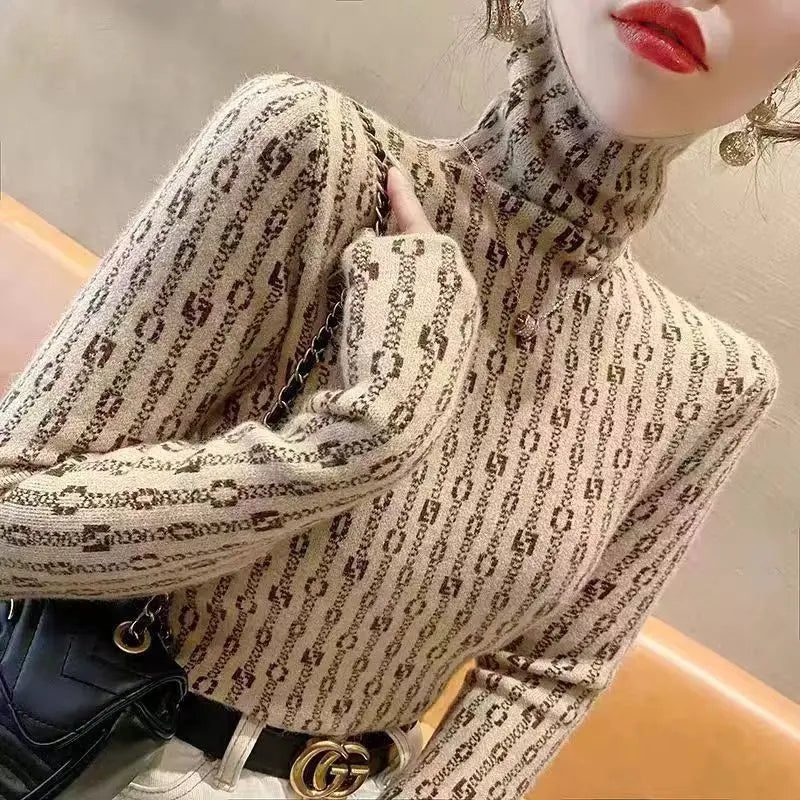 Winter Clothes Women Korean Fashion Luxury High Collar Basic Knitted Sweater Elegant Chic Long Sleeve Slim Pullover Tops Jumpers
