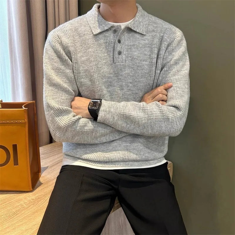 Mens Knit Sweater Autumn Winter Pullover Korean Soft Heavyweight Knit Polo Sweaters Minimalist Long Sleeve Solid Casual Top