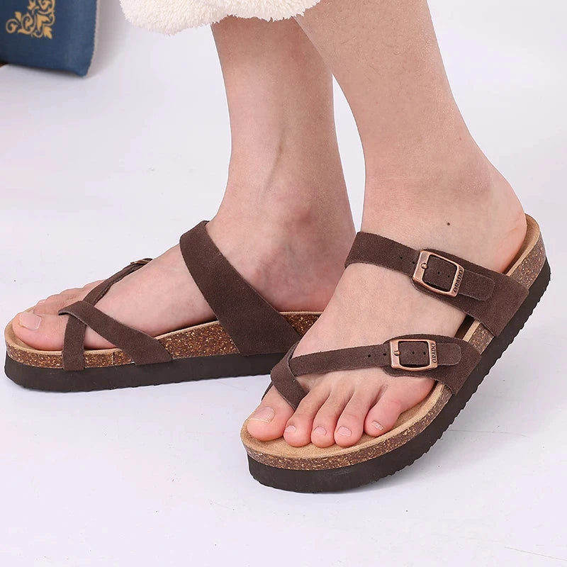 Litfun Cork Footbed Beach Sandals For Women Men Fashion Thick Sole Cork Slippers Summer Beach Shoe Classic Open Toe Flat Sandals