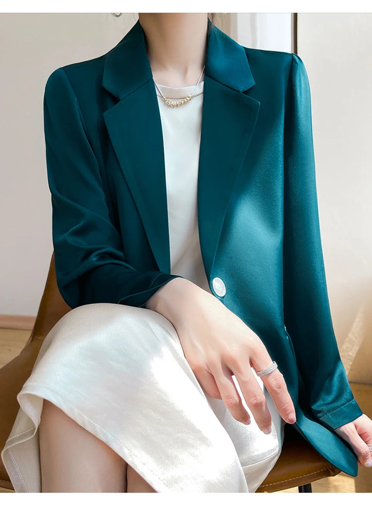 Women Blazers Spring Summer New Fashion Korean Silk Satin Suit V-neck Loose Top Jacket Single Button Suit Blazers Outerwear