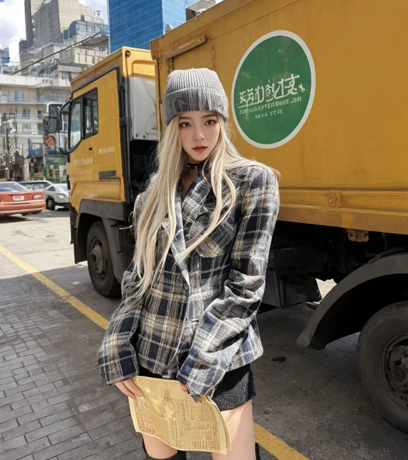 Women Vintage Plaid Blazers Long Sleeve Button Slim Fit Office Lady Suit Jacket American Retro Streetwear Casual Woolen Coats