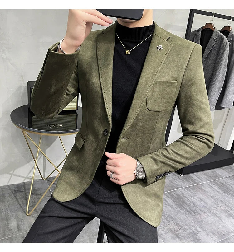 Deerskin Leather Jacket Blazer Men Casual Slim Fit Blazer Hombre Suit Leather Jacket Men Terno Masculino Men Clothing 6 Color