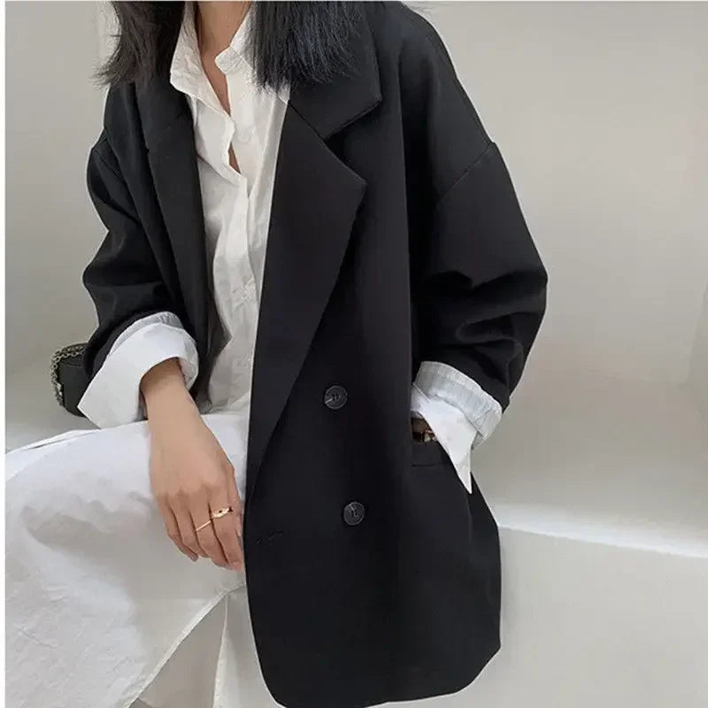 2025Autumn new vintage solid loose women suit  blazer  chic double breasted womenlong sleeve suit jackets clothes