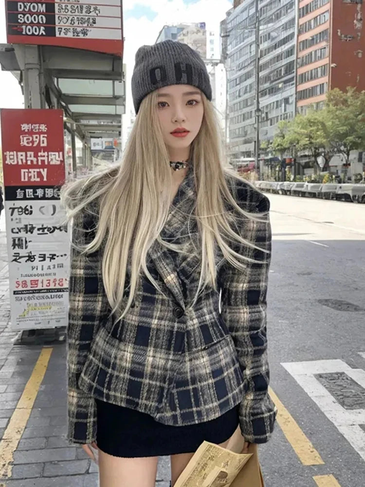Women Vintage Plaid Blazers Long Sleeve Button Slim Fit Office Lady Suit Jacket American Retro Streetwear Casual Woolen Coats