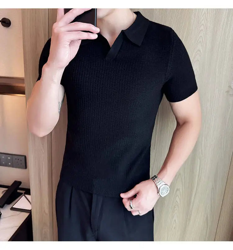 Men's Slim Fit Polo Collar Jacquard Knit Sweater - Beige, Gray, Brown  Black, Modern Base Layer for Casual & Formal Wear T-shirt