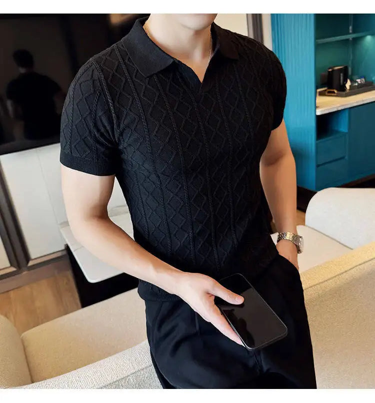 2025 Spring Summer New Men's Polo Collar Slim Fit Jacquard Knit Sweater - Stylish Base Layer in Beige, Brown, Gray & Black