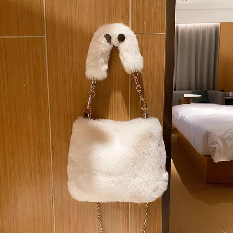 Plush Faux Fur Tote Bag for Women Winter Shoulder Bag Casual Fluffy Crossbody Bags Fashion Chain Handbag Girls Soft Purse