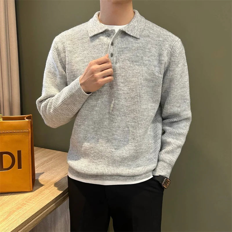 Mens Knit Sweater Autumn Winter Pullover Korean Soft Heavyweight Knit Polo Sweaters Minimalist Long Sleeve Solid Casual Top