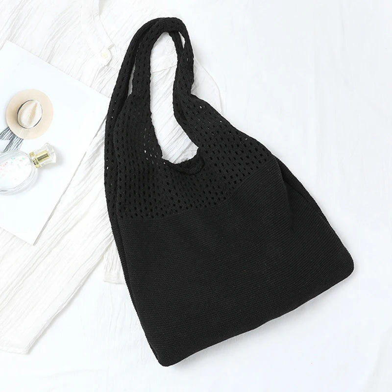 New Trend Women's Bag Crochet Handbag Retro Knitted Braid Solid Color Hollow Black Khaki Top-handle Tote Bag Shopper