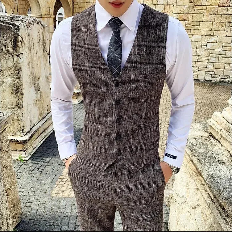 Men's Suit 3 Piece, Business Casual Jacket Vest with Trousers, Gray Dark Brown Slim Fit Suit, Asian Size M-5XL