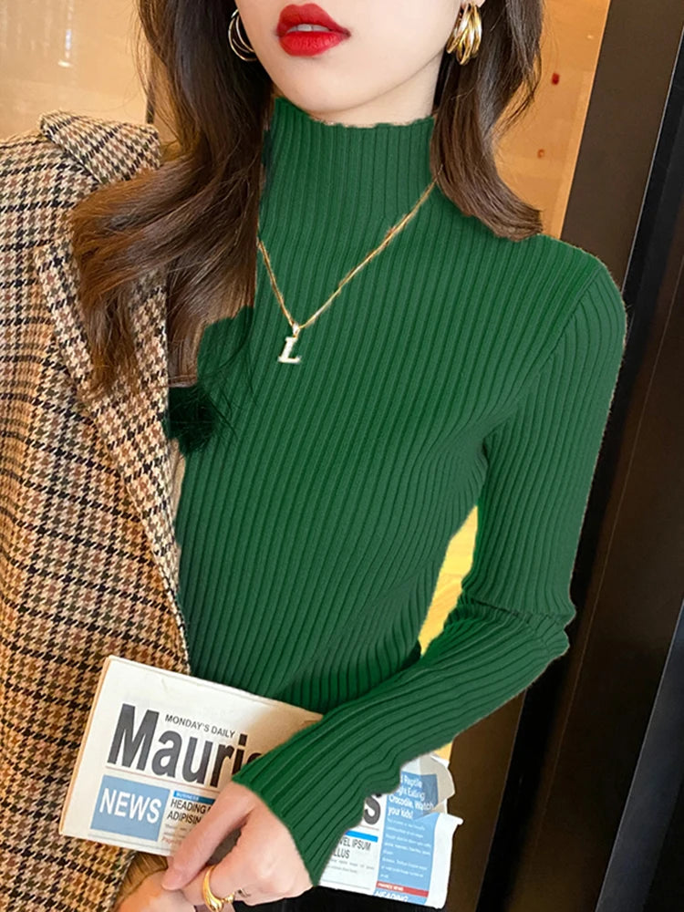 2025 Women Turtlneck Sweater Long Sleeve Casual Pullovers Elegant Solid Basic Knitted Tops Korean Fashion Simple Chic Clothes