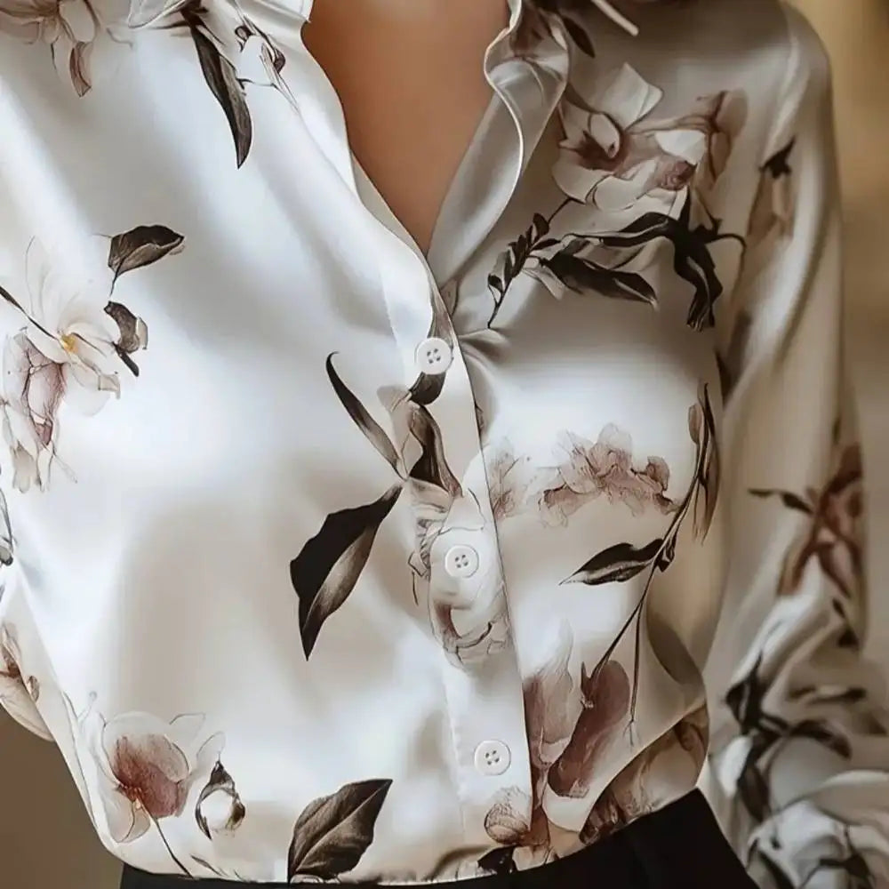 Elegant Intellectual Women's Satin Floral Print Shirt | Soft & Smooth V-Neck Long-Sleeve Button Formal Top for Spring